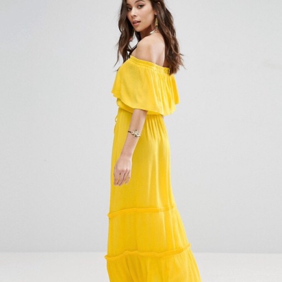 yellow off the shoulder maxi dress